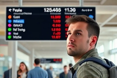 Traveler confused at airport currency exchange counter.